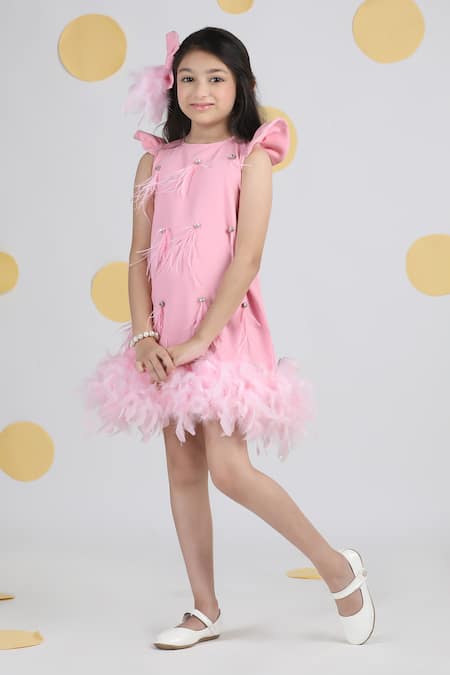 The Little Celebs_Pink Crepe Feathers, Beads Embellished Dress _Online_at_Aza_Fashions