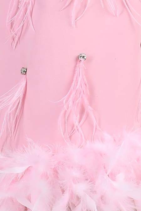 Shop_The Little Celebs_Pink Crepe Feathers, Beads Embellished Dress _Online_at_Aza_Fashions