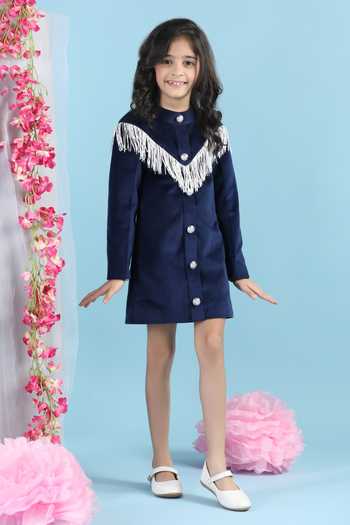 The Little Celebs_Blue Velvet Tassels Deep Thread Embroidered Dress _Online_at_Aza_Fashions