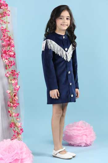 Buy_The Little Celebs_Blue Velvet Tassels Deep Thread Embroidered Dress _Online_at_Aza_Fashions