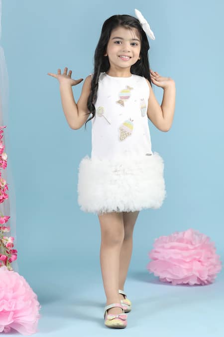 The Little Celebs_White Neoprene Beads, Embroidery Candy Patchwork Dress _Online_at_Aza_Fashions