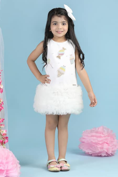 The Little Celebs_White Neoprene Beads, Embroidery Candy Patchwork Dress _at_Aza_Fashions