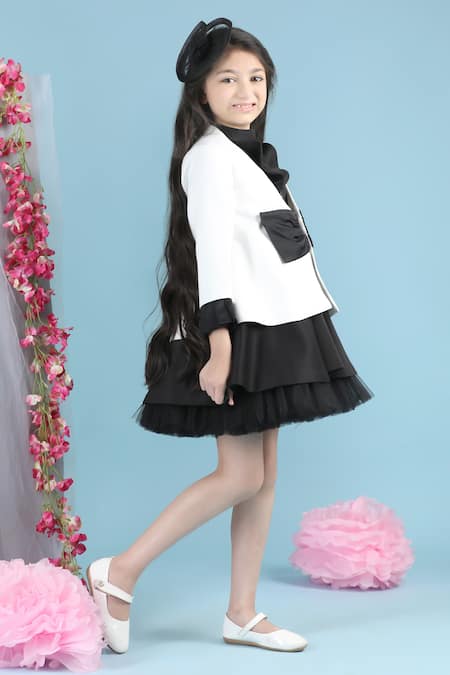Buy_The Little Celebs_Black Crepe Bows Coat And Frill Dress Set _Online_at_Aza_Fashions