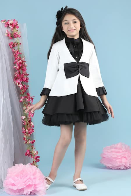 Shop_The Little Celebs_Black Crepe Bows Coat And Frill Dress Set _Online_at_Aza_Fashions
