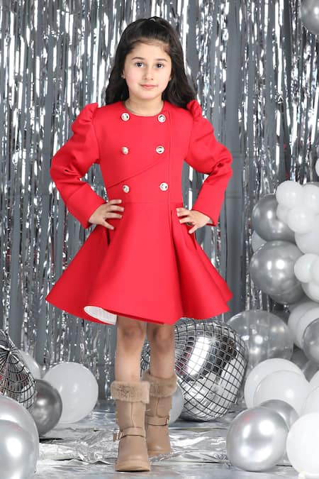 Shop_The Little Celebs_Red Crepe Puff Sleeve Coat Dress _Online_at_Aza_Fashions