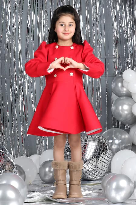 The Little Celebs_Red Crepe Puff Sleeve Coat Dress _at_Aza_Fashions