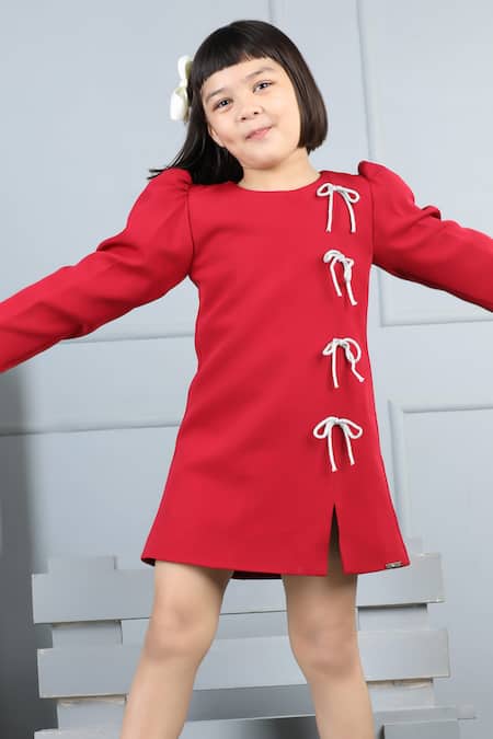 The Little Celebs_Red Crepe Bows Straight Dress With Puffed Sleeves _Online_at_Aza_Fashions