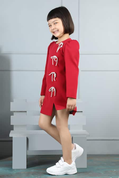 Buy_The Little Celebs_Red Crepe Bows Straight Dress With Puffed Sleeves _Online_at_Aza_Fashions