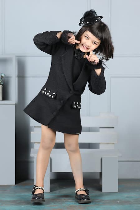 The Little Celebs_Black Tweed, Crepe Pearls, Stones Embellished Jacket Dress _Online_at_Aza_Fashions