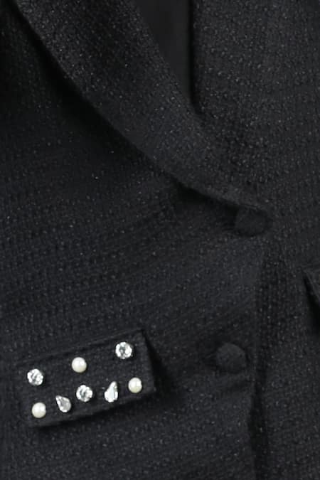 The Little Celebs_Black Tweed, Crepe Pearls, Stones Embellished Jacket Dress _at_Aza_Fashions