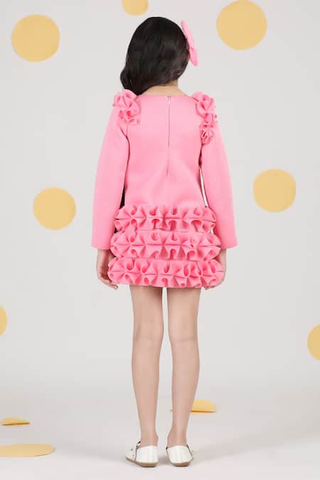 Shop_The Little Celebs_Pink Neoprene Beads, Embroidery Bow Dress _at_Aza_Fashions