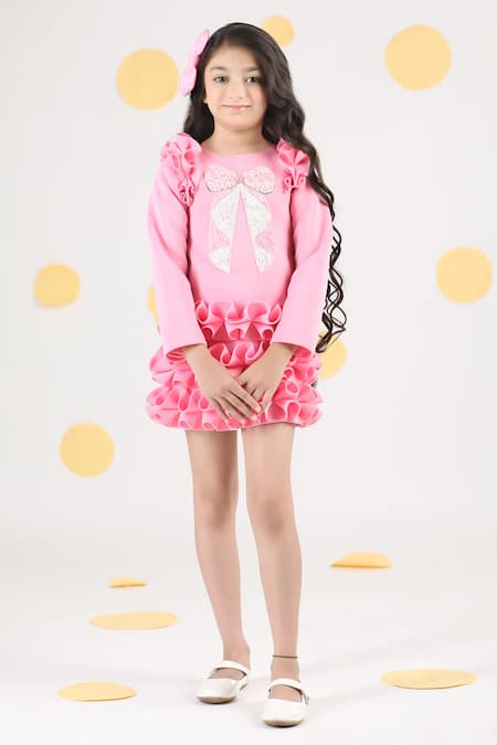 The Little Celebs_Pink Neoprene Beads, Embroidery Bow Dress _Online_at_Aza_Fashions
