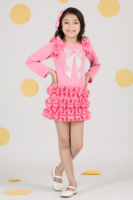 Buy_The Little Celebs_Pink Neoprene Beads, Embroidery Bow Dress _Online_at_Aza_Fashions