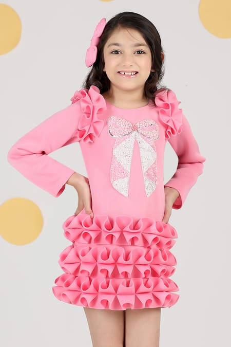 Shop_The Little Celebs_Pink Neoprene Beads, Embroidery Bow Dress _Online_at_Aza_Fashions