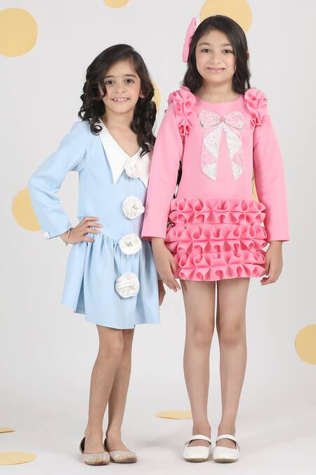 The Little Celebs_Pink Neoprene Beads, Embroidery Bow Dress _at_Aza_Fashions