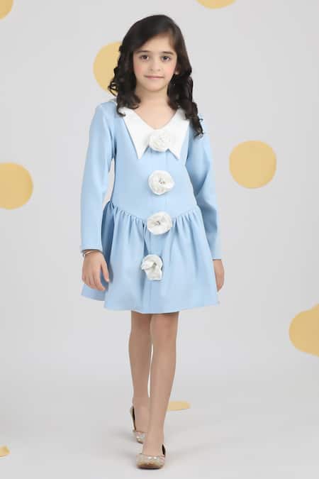 The Little Celebs_Blue Crepe Fabric Flowers Ice 3d Embroidered Dress _Online_at_Aza_Fashions