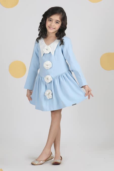 Buy_The Little Celebs_Blue Crepe Fabric Flowers Ice 3d Embroidered Dress _Online_at_Aza_Fashions