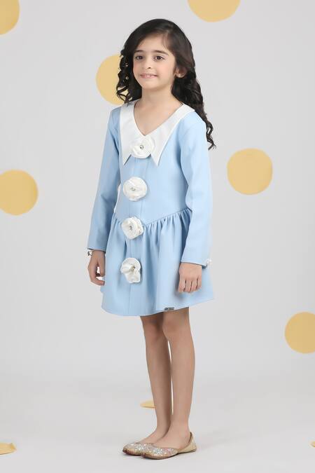 Shop_The Little Celebs_Blue Crepe Fabric Flowers Ice 3d Embroidered Dress _Online_at_Aza_Fashions