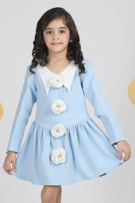 The Little Celebs_Blue Crepe Fabric Flowers Ice 3d Embroidered Dress _at_Aza_Fashions
