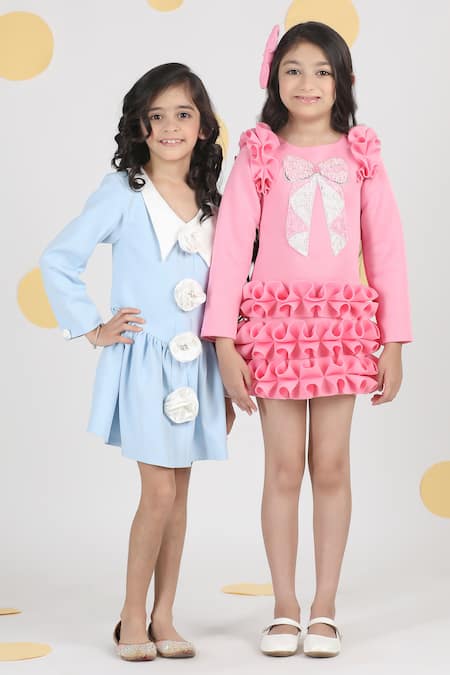 Buy_The Little Celebs_Blue Crepe Fabric Flowers Ice 3d Embroidered Dress 
