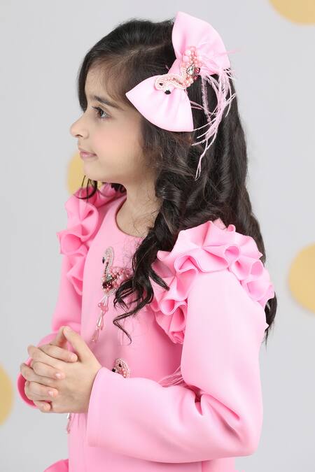 The Little Celebs_Pink Neoprene Beads, Feathers Flamingo Embroidered Dress _Online_at_Aza_Fashions