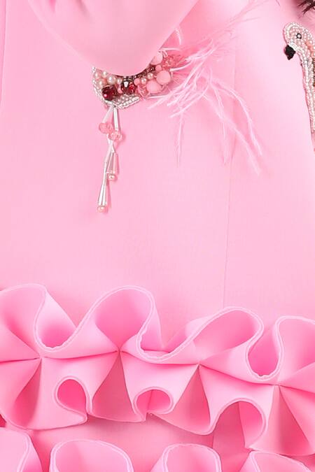Buy_The Little Celebs_Pink Neoprene Beads, Feathers Flamingo Embroidered Dress 
