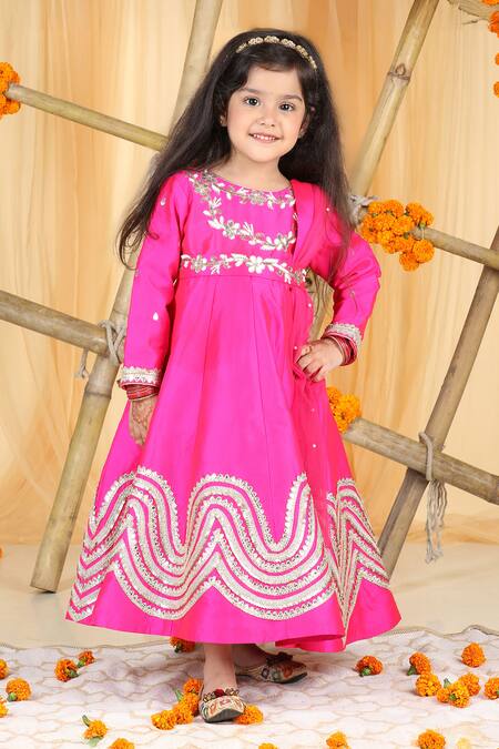 Buy_The Little Celebs_Pink Silk, Crepe Gota Patti Embellished Anarkali Set _Online_at_Aza_Fashions