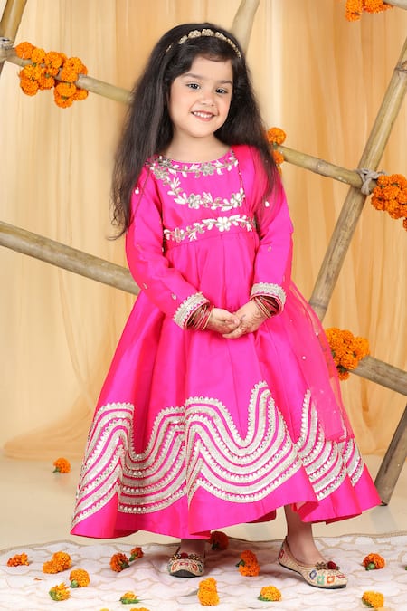 Shop_The Little Celebs_Pink Silk, Crepe Gota Patti Embellished Anarkali Set _Online_at_Aza_Fashions