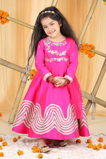 The Little Celebs_Pink Silk, Crepe Gota Patti Embellished Anarkali Set _at_Aza_Fashions