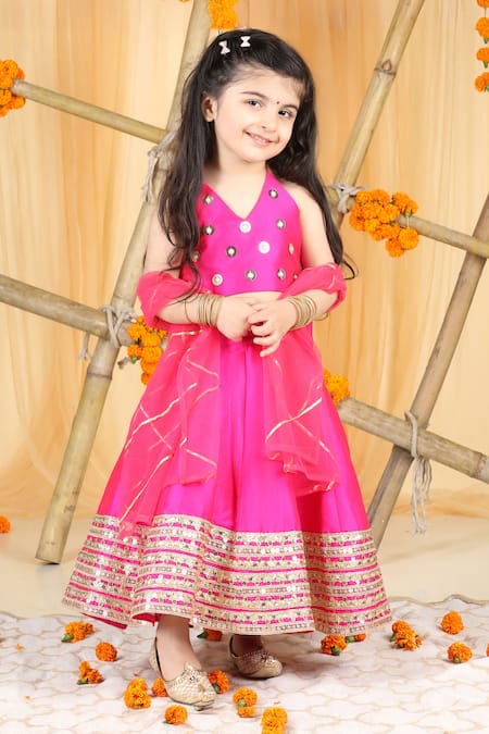 The Little Celebs_Pink Silk, Crepe, Chiffon Sequins, Gota Patti, Embroidery Hot Lehenga Set _Online_at_Aza_Fashions