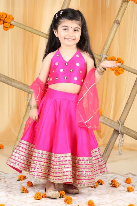 Buy_The Little Celebs_Pink Silk, Crepe, Chiffon Sequins, Gota Patti, Embroidery Hot Lehenga Set _Online_at_Aza_Fashions