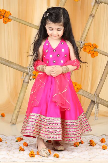 The Little Celebs_Pink Silk, Crepe, Chiffon Sequins, Gota Patti, Embroidery Hot Lehenga Set _at_Aza_Fashions