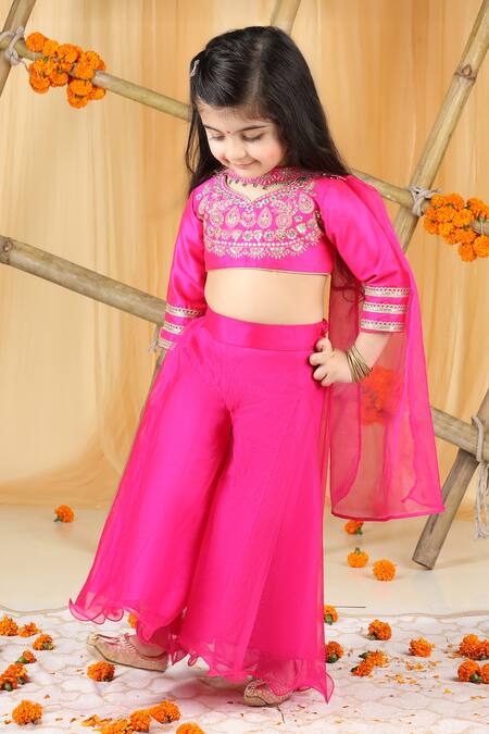 Buy_The Little Celebs_Pink Organza, Silk, Crepe Sequins, Stones Embellished Blouse And Palazzo Set _Online_at_Aza_Fashions