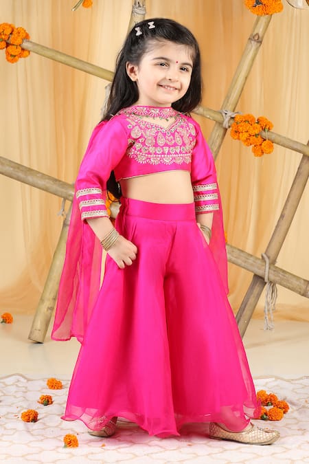 The Little Celebs_Pink Organza, Silk, Crepe Sequins, Stones Embellished Blouse And Palazzo Set _at_Aza_Fashions