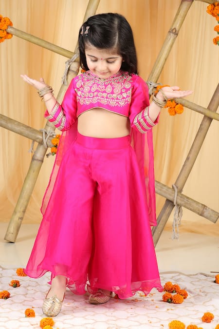 Buy_The Little Celebs_Pink Organza, Silk, Crepe Sequins, Stones Embellished Blouse And Palazzo Set 