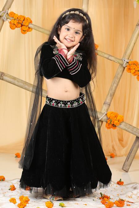Buy_The Little Celebs_Black Velvet, Net Beads, Crystals, Stones Embellished Lehenga Set _Online_at_Aza_Fashions