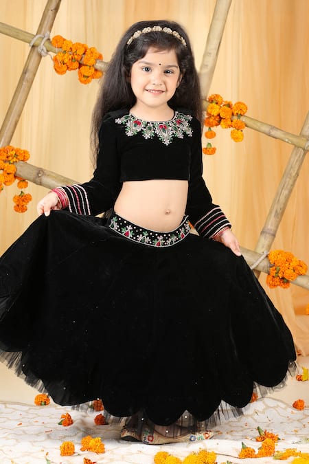 Shop_The Little Celebs_Black Velvet, Net Beads, Crystals, Stones Embellished Lehenga Set _Online_at_Aza_Fashions