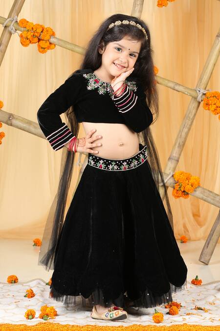 The Little Celebs_Black Velvet, Net Beads, Crystals, Stones Embellished Lehenga Set _at_Aza_Fashions