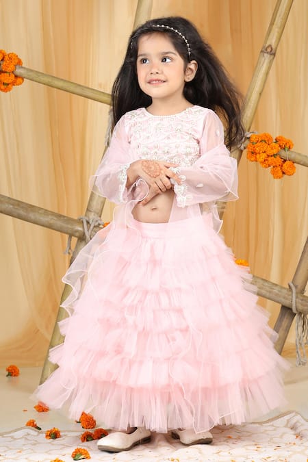 Buy_The Little Celebs_Pink Net, Crepe Pearls Embellished Lehenga Set _Online_at_Aza_Fashions