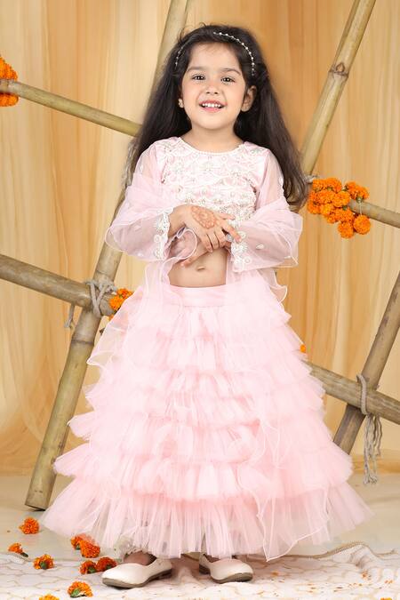 Shop_The Little Celebs_Pink Net, Crepe Pearls Embellished Lehenga Set _Online_at_Aza_Fashions