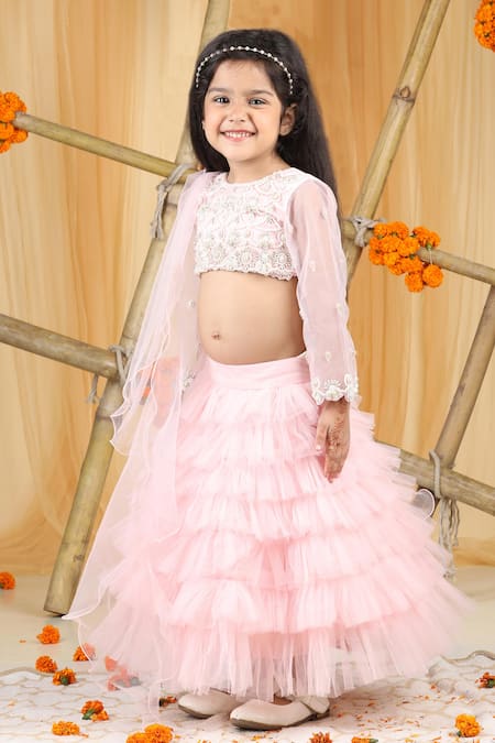 The Little Celebs_Pink Net, Crepe Pearls Embellished Lehenga Set _at_Aza_Fashions