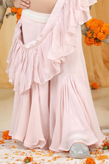 Buy_The Little Celebs_Pink Georgette, Crepe Pearls Halter Neck Embellished Set _Online_at_Aza_Fashions