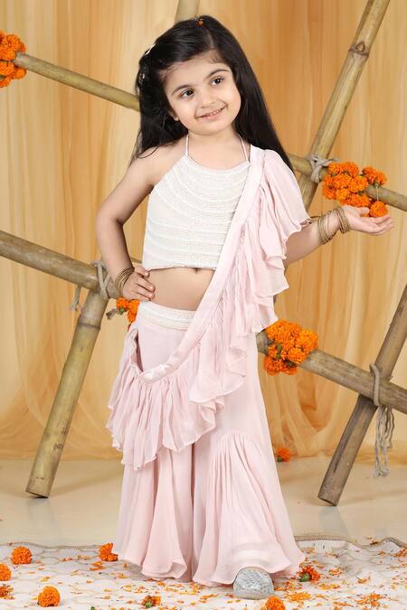 The Little Celebs_Pink Georgette, Crepe Pearls Halter Neck Embellished Set _at_Aza_Fashions