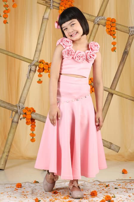 Shop_The Little Celebs_Pink Neoprene Pearls, Stones, Fabric 3d Floral Embellished Blouse And Skirt Set _Online_at_Aza_Fashions