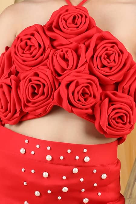 The Little Celebs Red Neoprene Ruffles, Pearls 3d Rose Applique Blouse And Skirt Set Online at Aza Fashions The Little Celebs_Red Neoprene Ruffles, Pearls 3d Rose Applique Blouse And Skirt Set _Online_at_Aza_Fashions