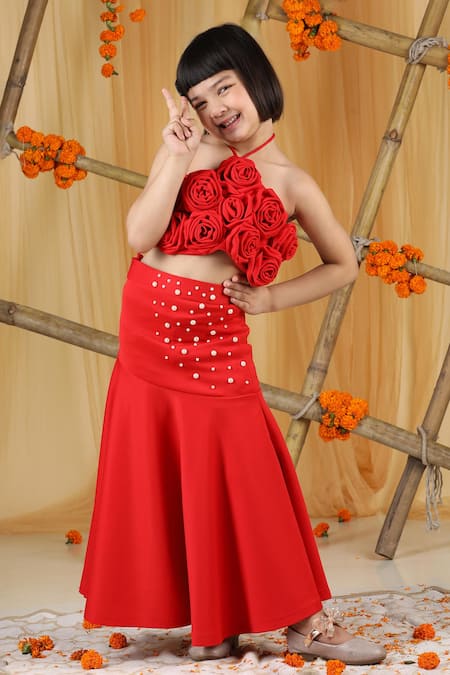 Shop_The Little Celebs_Red Neoprene Ruffles, Pearls 3d Rose Applique Blouse And Skirt Set _Online_at_Aza_Fashions