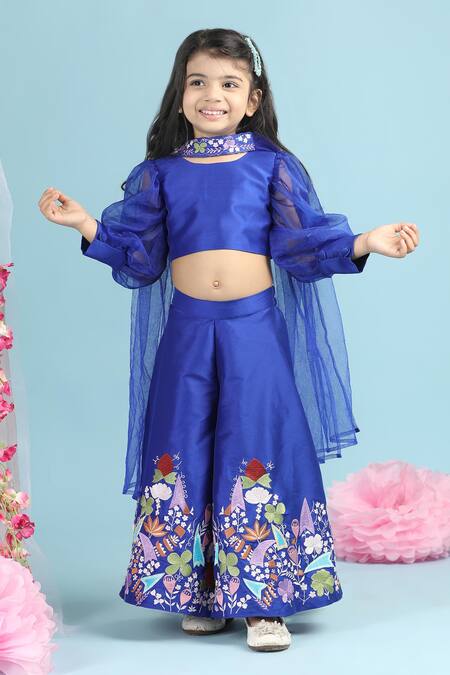 The Little Celebs_Blue Silk, Organza Embroidery Puff Sleeve Top And Flared Pant Set _Online_at_Aza_Fashions