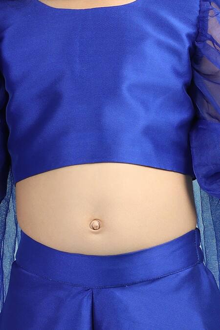 Buy_The Little Celebs_Blue Silk, Organza Embroidery Puff Sleeve Top And Flared Pant Set _Online_at_Aza_Fashions