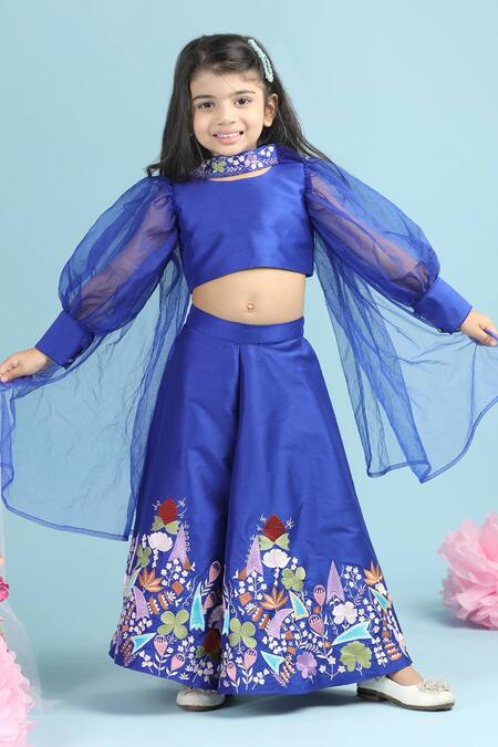 Shop_The Little Celebs_Blue Silk, Organza Embroidery Puff Sleeve Top And Flared Pant Set _Online_at_Aza_Fashions