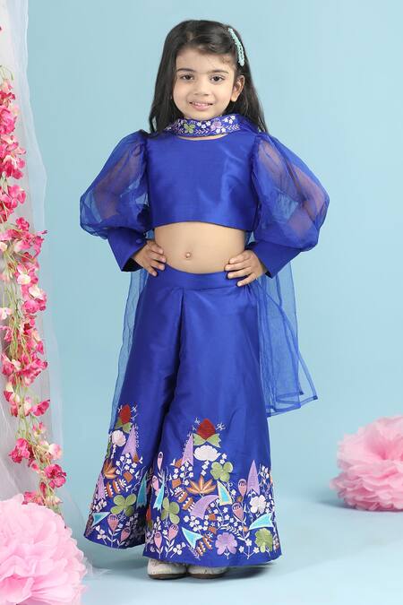 The Little Celebs_Blue Silk, Organza Embroidery Puff Sleeve Top And Flared Pant Set _at_Aza_Fashions